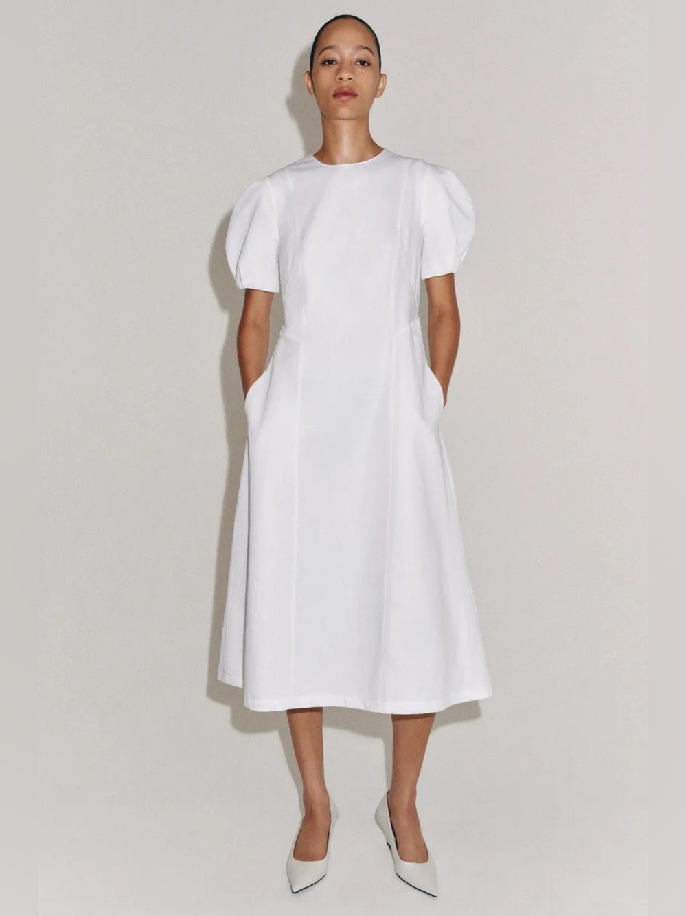 NWOT  ZARA WOMAN COLLECTION
White Puff-Sleeve Midi Dress SIZE L